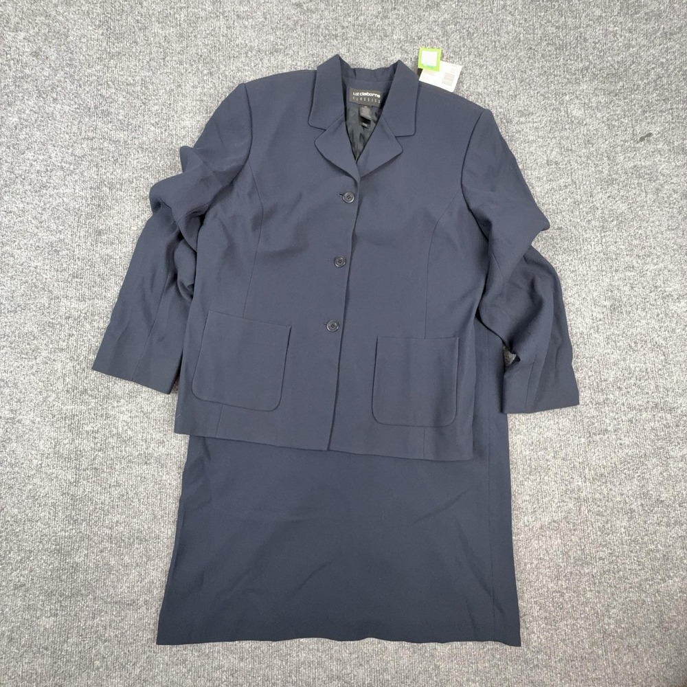 Liz Claiborne Skirt Suit Womens 16 Blue Crepe 2 Piece Jacket Lined Office Career